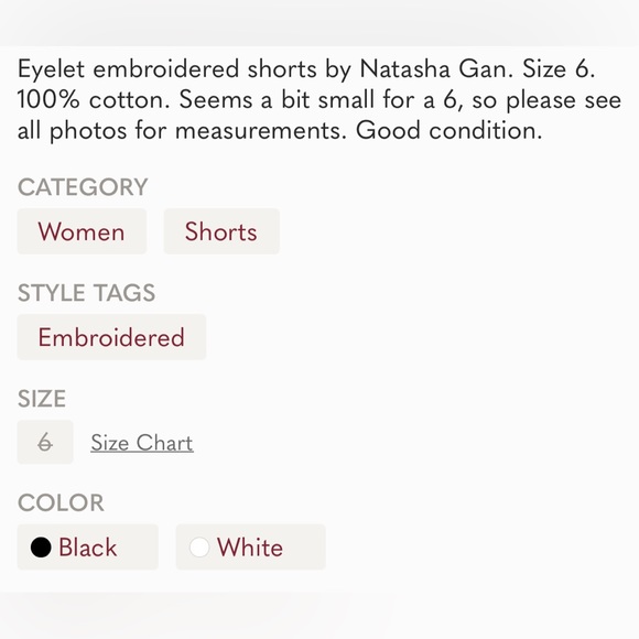 Natasha Gan eyelet embroidered shorts size 6 BNWOT PO - Picture 5 of 5